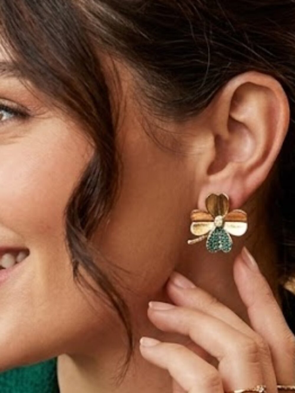 NWT Betsey Johnson Lucky Gold-Tone Crystal Clover Stud Earrings - Green Accent